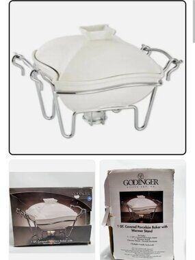Godinger 1 qt covered porcelain baker with warmer stand.